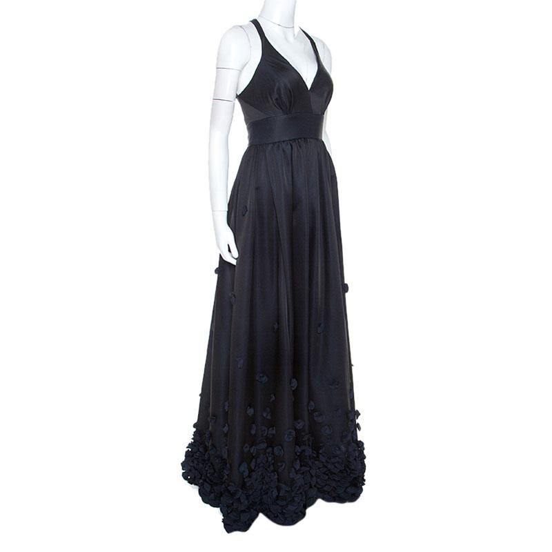 Temperley Black & Navy Blue Satin Floral Applique Detail Gown S In Good Condition In Dubai, Al Qouz 2