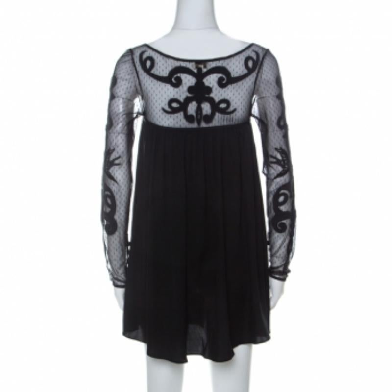 Noir Tunique Temperley noire à empiècement en filet brodé en soie mélangée S en vente