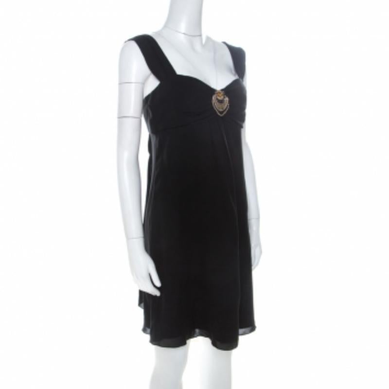 Temperley Schwarzes Babydoll-Kleid aus Seide mit gerafftem Mieder und verziertem Detail M im Zustand „Gut“ im Angebot in Dubai, Al Qouz 2