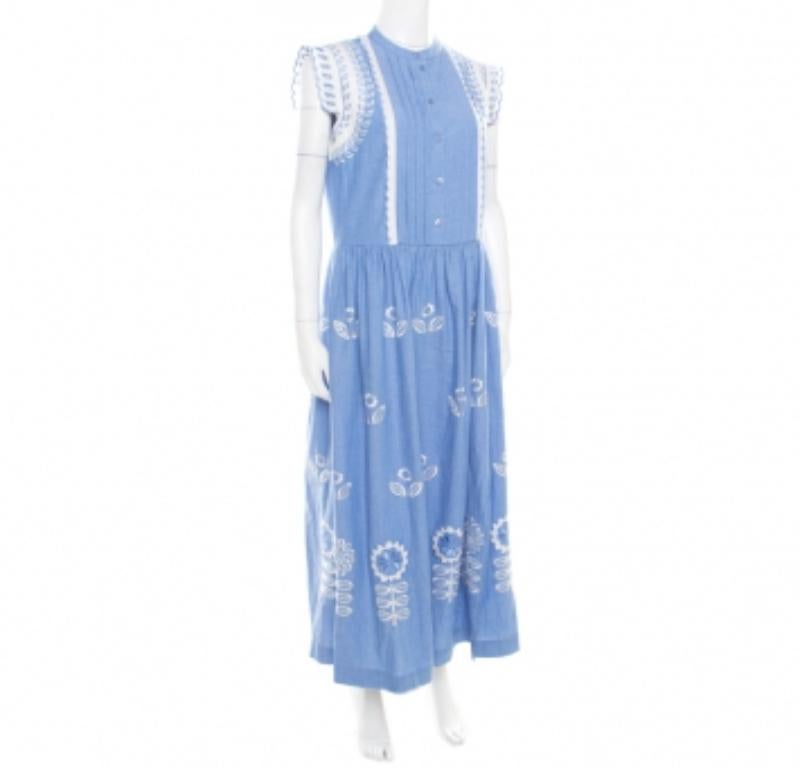 Temperley Blaues und weißes besticktes Maxikleid mit Jakobsmuscheldetails M im Zustand „Hervorragend“ im Angebot in Dubai, Al Qouz 2