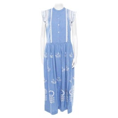 Temperley Blue and White Embroidered Scallop Detail Maxi Dress M