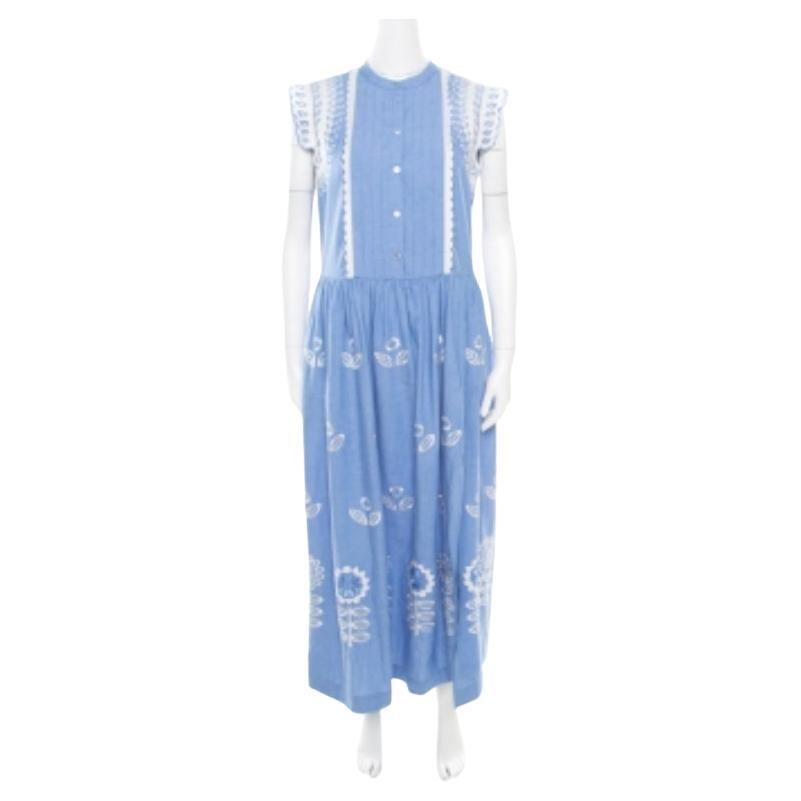 Temperley Blaues und weißes besticktes Maxikleid mit Jakobsmuscheldetails M im Angebot