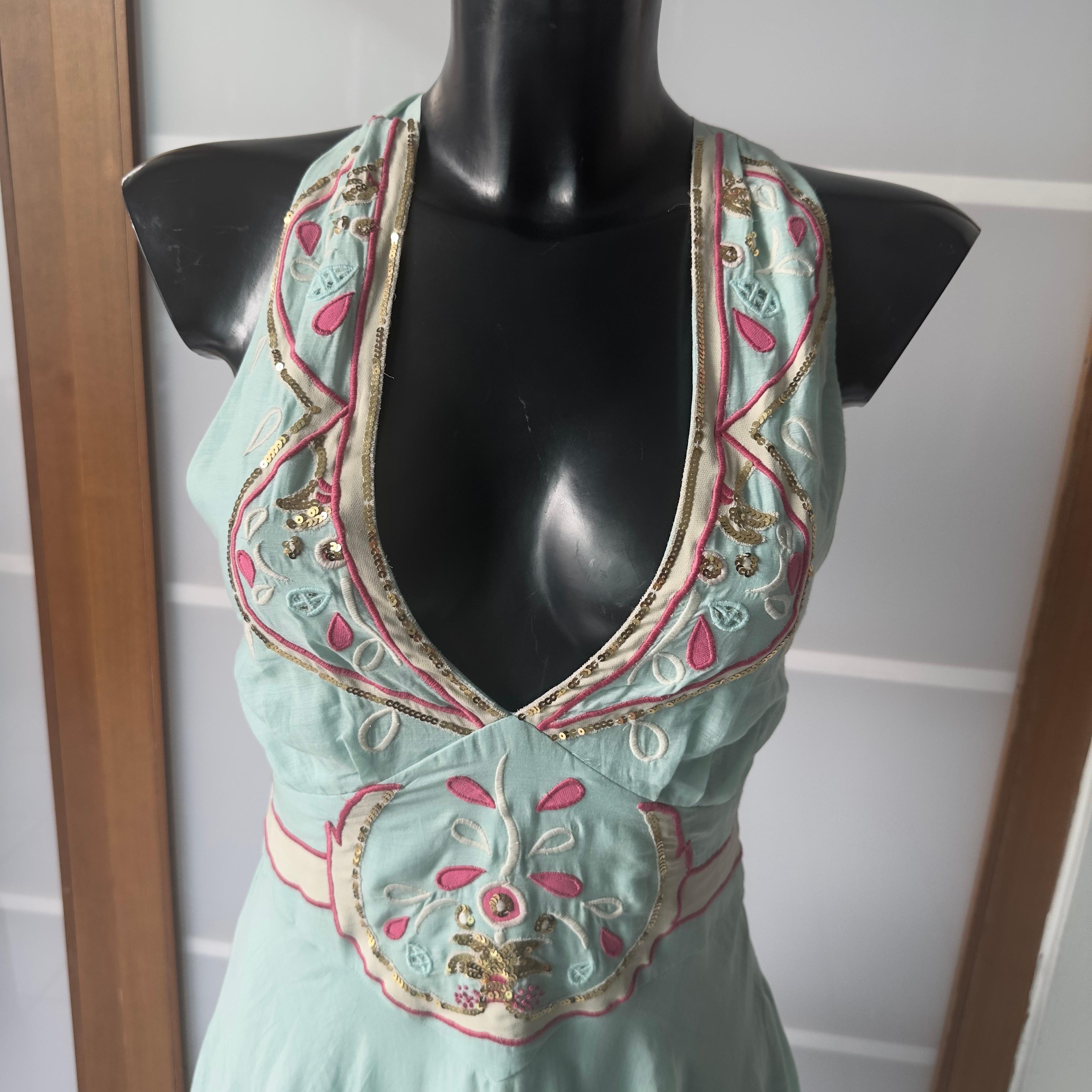 Temperley London Abito Halter in Seta Verde Menta Ricamato a Mano con Paillette in vendita 2