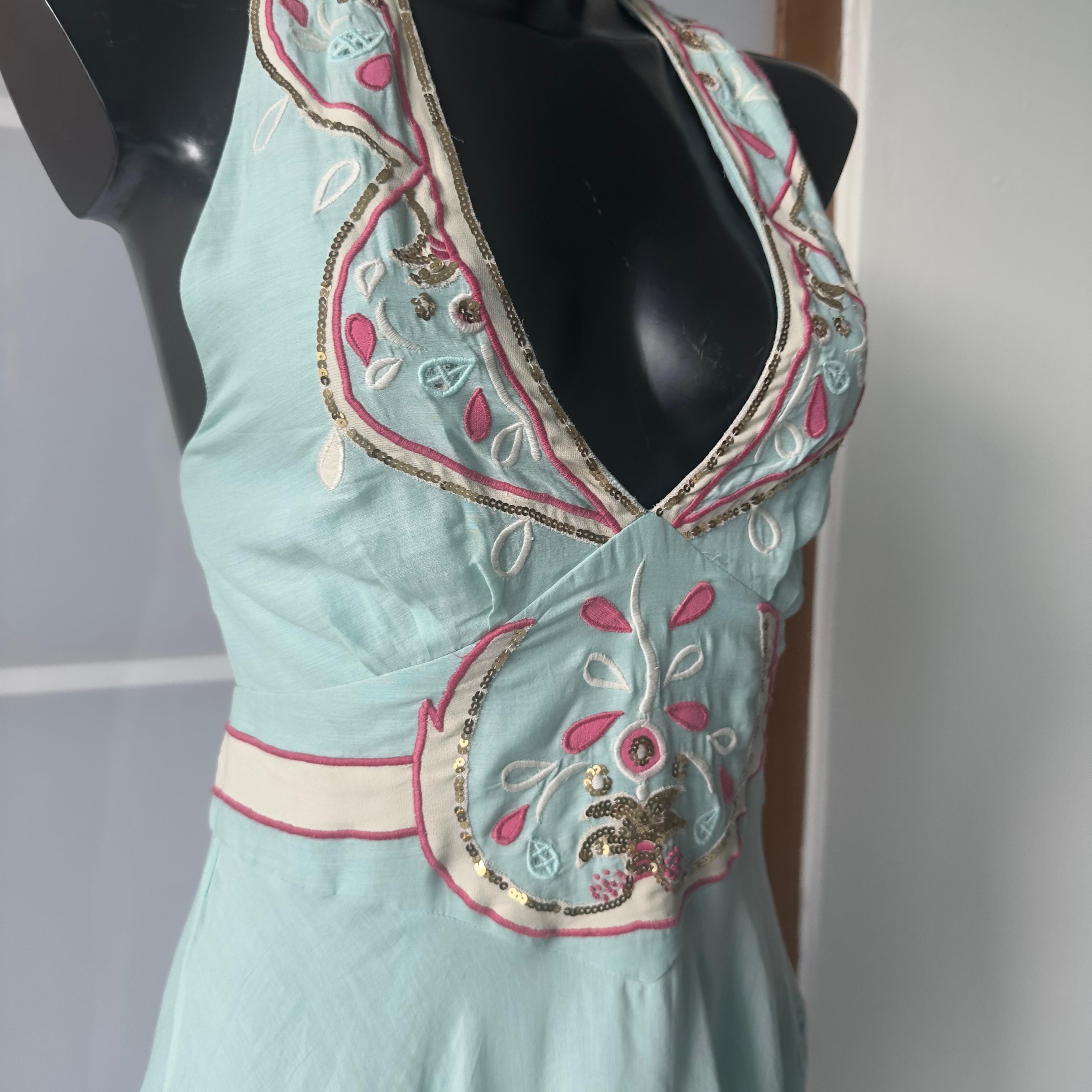Temperley London Abito Halter in Seta Verde Menta Ricamato a Mano con Paillette in vendita 3