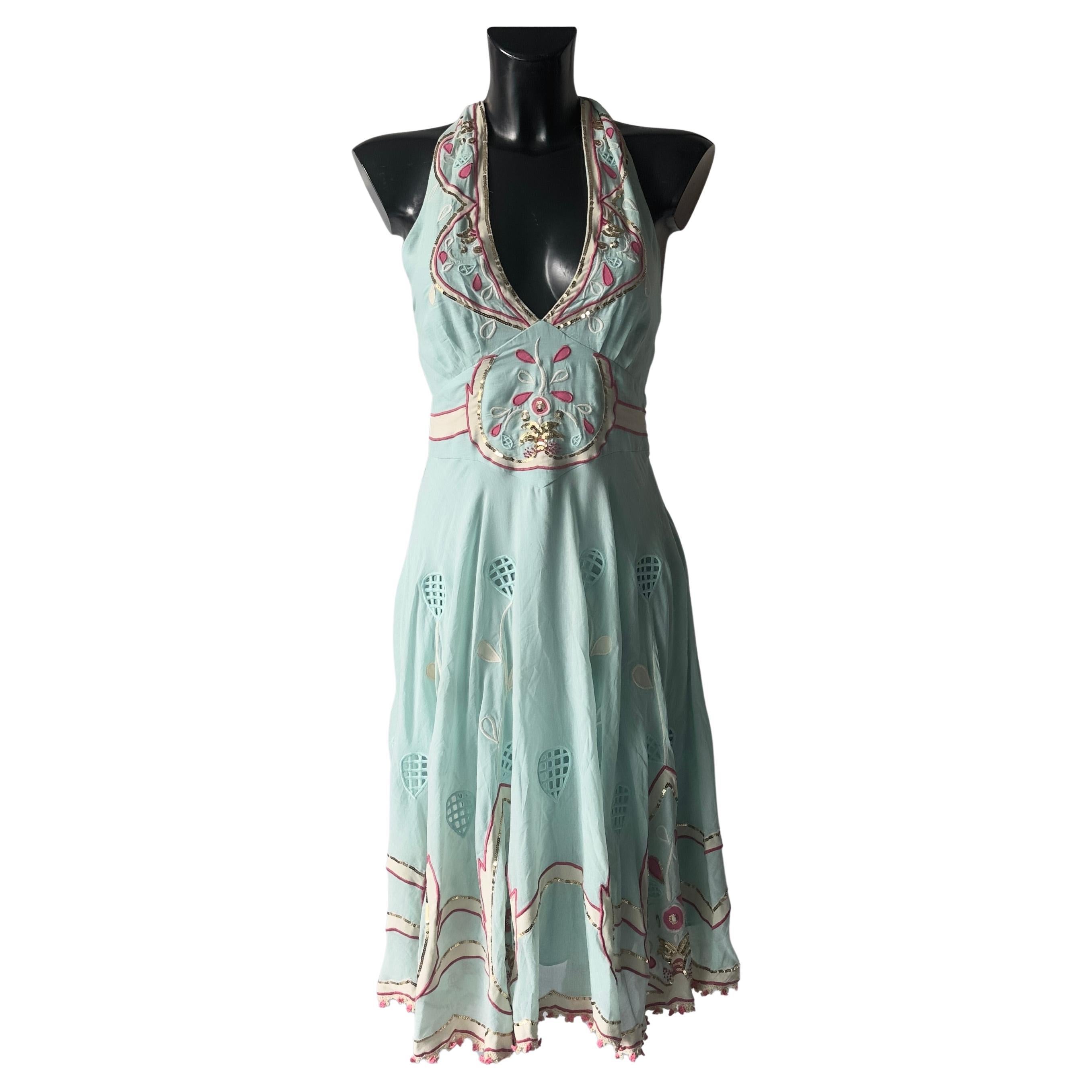 Temperley London Abito Halter in Seta Verde Menta Ricamato a Mano con Paillette in vendita