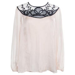 Temperley London Beige Contrast Embroidered Silk Long Sleeve Maxine Blouse L