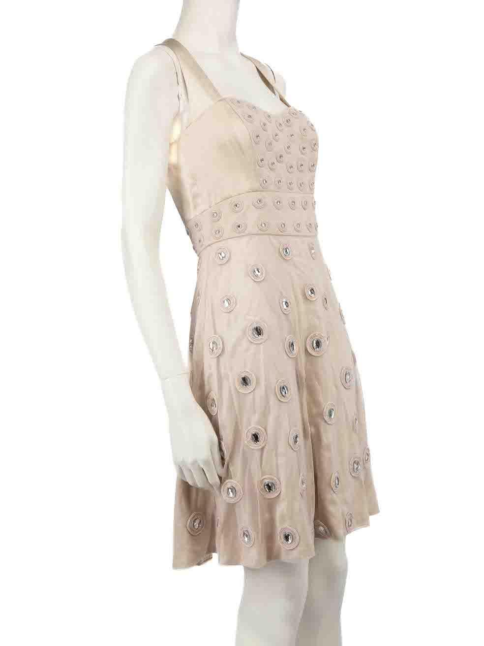 CONDITION is Very good. Hardly any visible wear to dress is evident on this used Temperley London designer resale item.
 
 
 
 Details
 
 
 Beige
 
 Silk
 
 Mini dress
 
 Sweetheart neckline
 
 Crystal embellished
 
 Cross shoulder strap
 
 Side zip