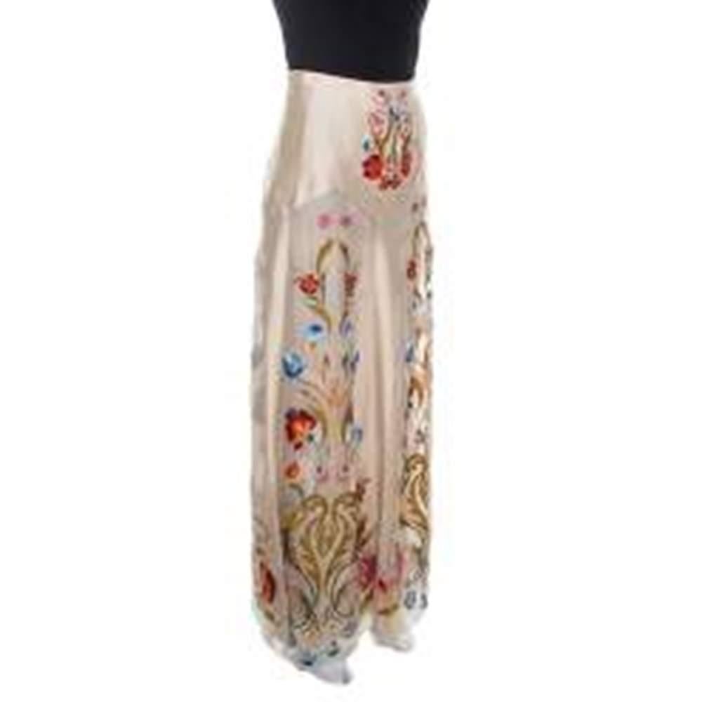 Temperley London Beige Silk Organza Toledo Floral Embroidered Maxi Skirt S In Good Condition In Dubai, Al Qouz 2