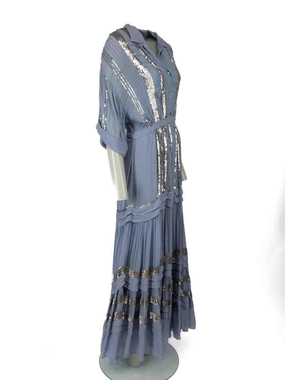 CONDITION is Never worn, with tags. Tags are still attached however a number of very small thread pulls can be found throughout on this new Temperley London designer resale item.
 
Details
Blue
Viscose
Dress
Maxi
Silver sequinned
V-neck
Button up