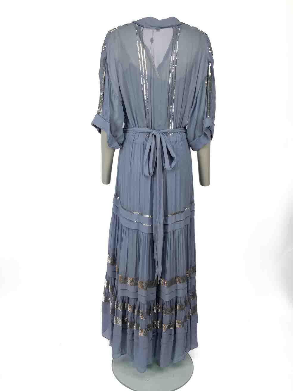 Women's Temperley London Blue Sequinned Tiered Maxi Dress Size M For Sale