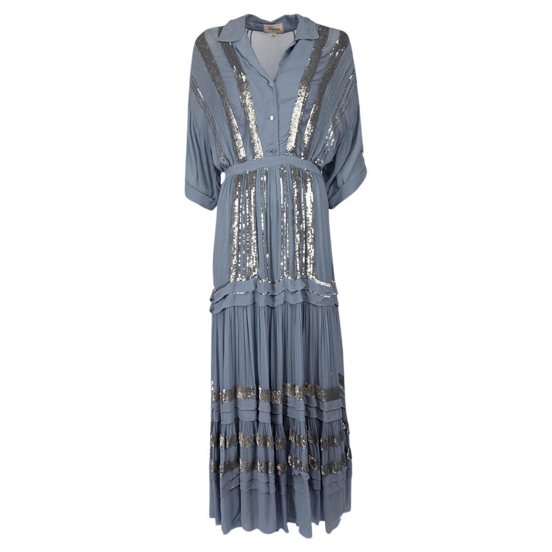 Temperley London Blue Sequinned Tiered Maxi Dress Size M For Sale