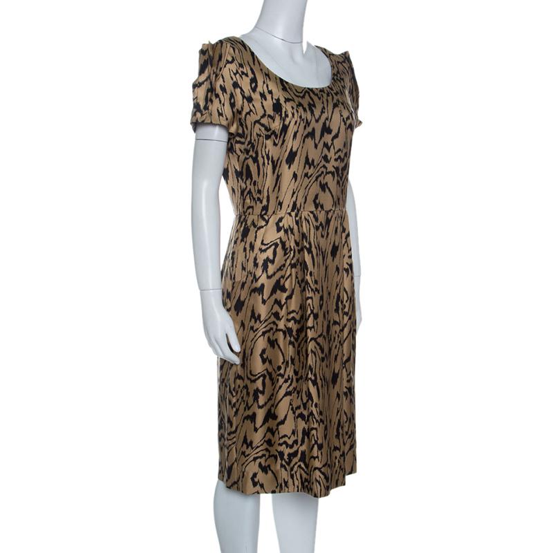 Temperley London Brown and Black Printed Silk Short Sleeve Dress M In Good Condition For Sale In Dubai, Al Qouz 2