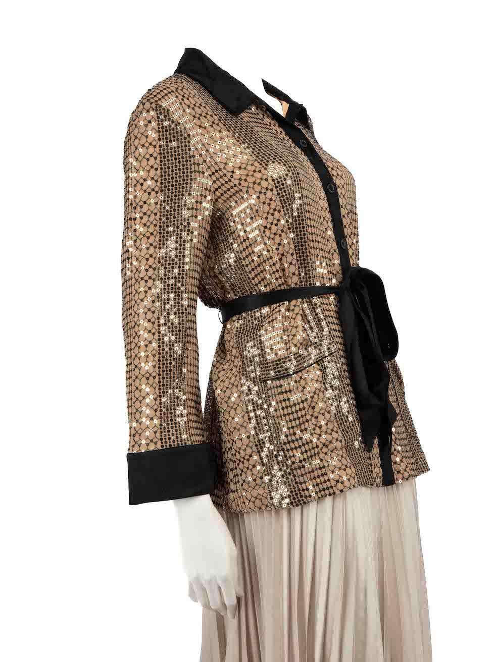 CONDITION is Very good. Minimal wear to shirt is evident. The left belt loop has come undone on this used Temperley London designer resale item.
 
 
 
 Details
 
 
 Brown
 
 Viscose
 
 Shirt
 
 Sequin embellished
 
 Black embroidery
 
 Black silk
