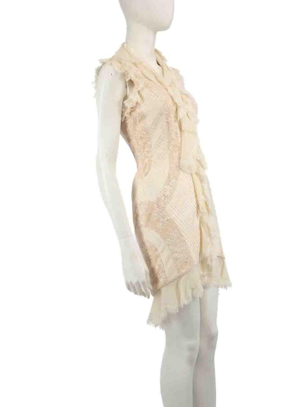 CONDITION is Very good. Hardly any visible wear to dress is evident on this used Temperley London designer resale item.
 
 
 
 Details
 
 
 Cream
 
 Silk
 
 Mini dress
 
 Lace ruffle trim detail
 
 V neckline
 
 Sleeveless
 
 Front button up