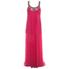 Temperley London Hot Pink Silk Ruched Embellished Bodice Evening Gown L
