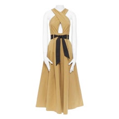 Used TEMPERLEY LONDON khaki beige 100% cotton cross-over halter-neck jumpsuit UK6