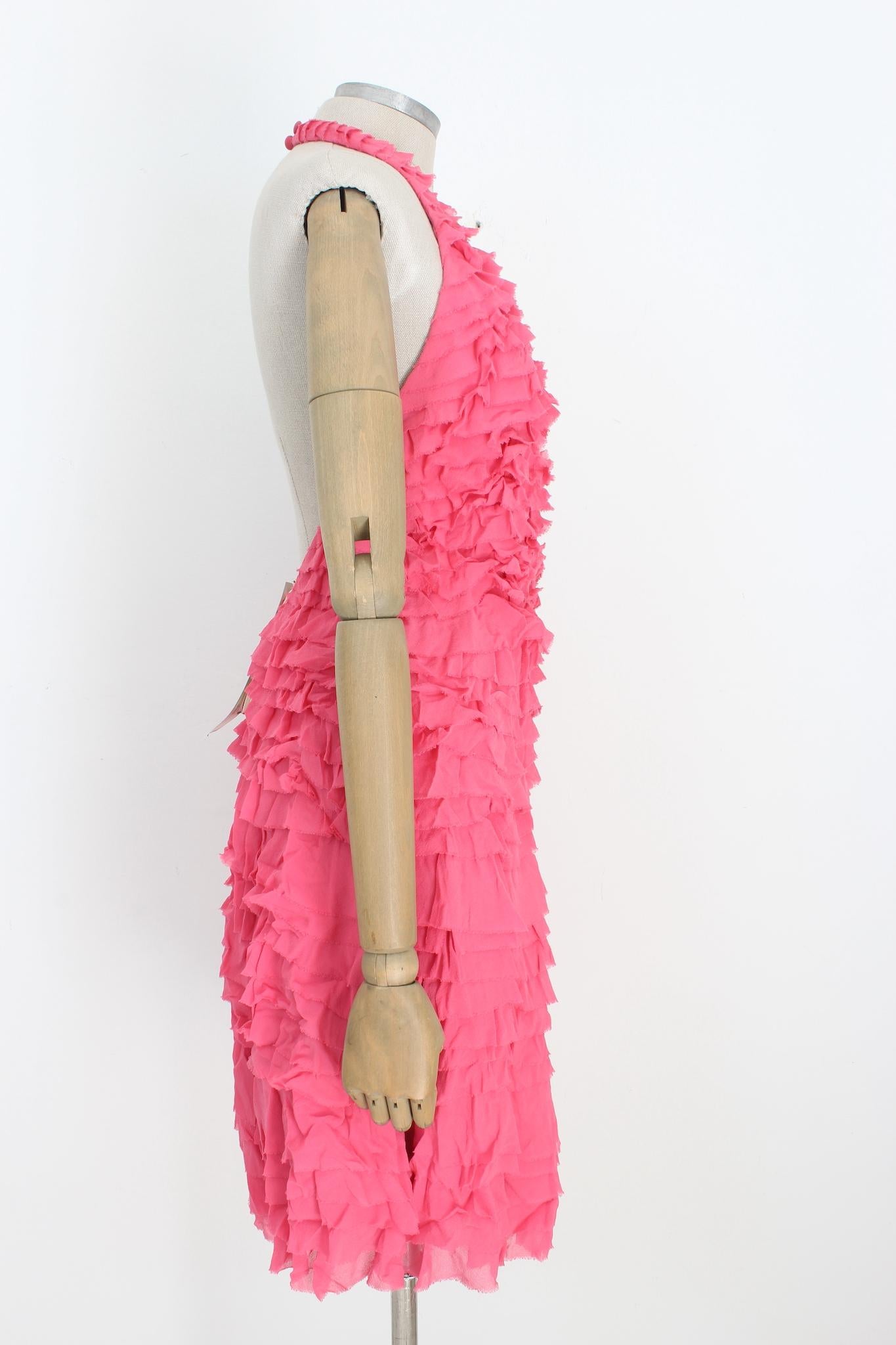 Temperley London Pink Silk Rouffles Cocktail Party Sheath Dress 2000s In New Condition For Sale In Brindisi, Bt