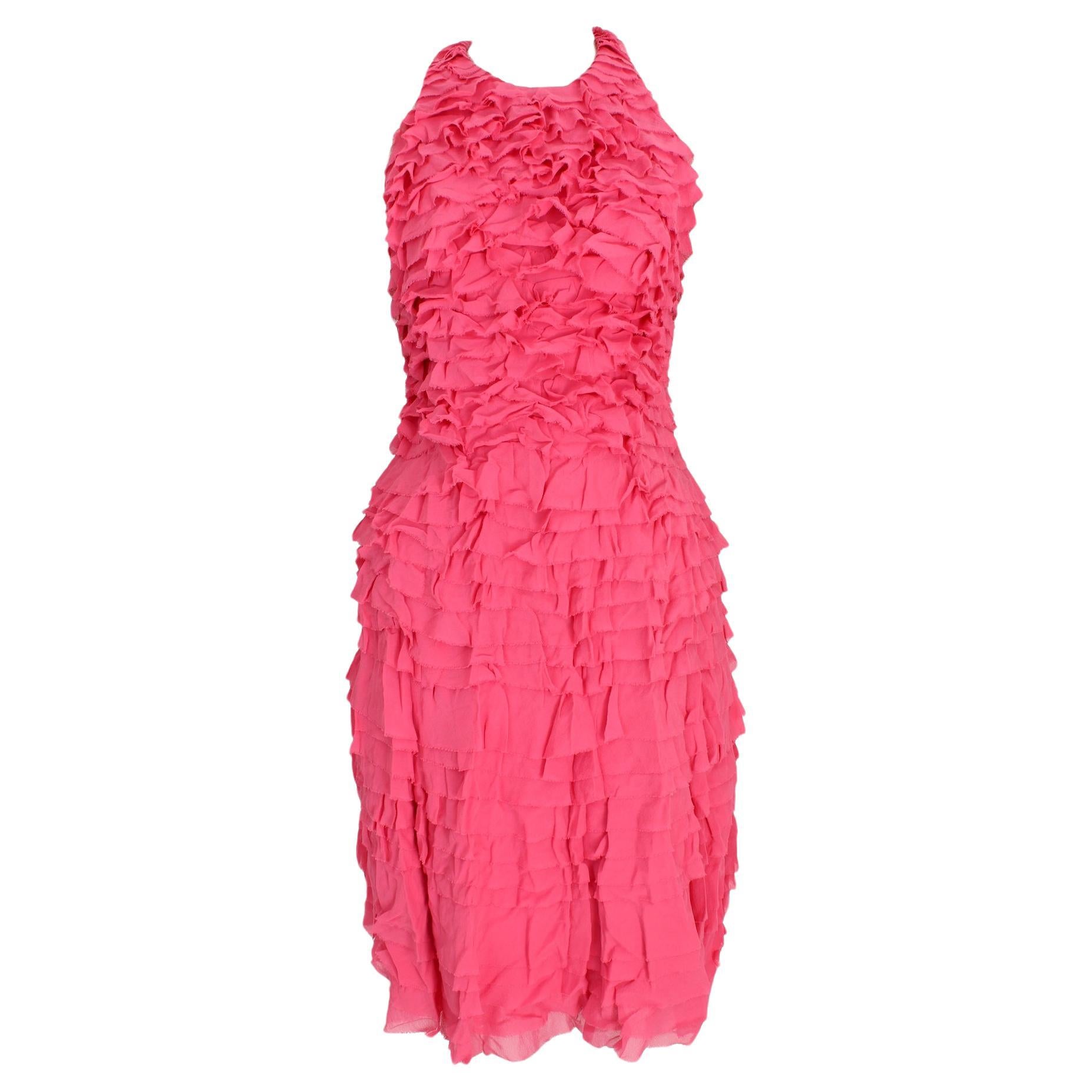 Temperley London Pink Silk Rouffles Cocktail Party Sheath Dress 2000s For Sale