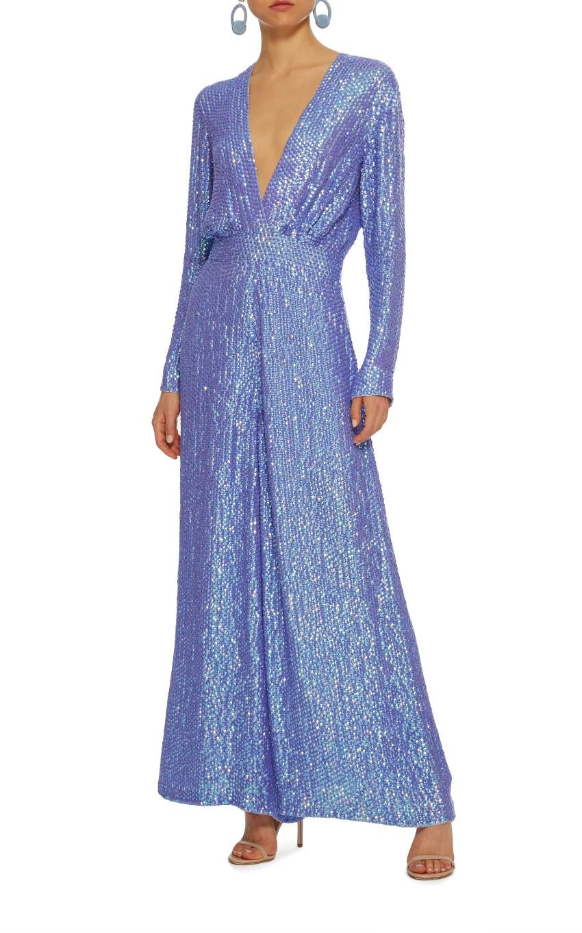 Temperley London Tiara sequin-embellished jumpsuit 

- Iridescent-purple sequin-embellished chiffon
- V-neck, single button fastening, long sleeves 
- Wide cropped leg 
- Centre-back concealed-zip fastening 

Please note, these items are pre-owned