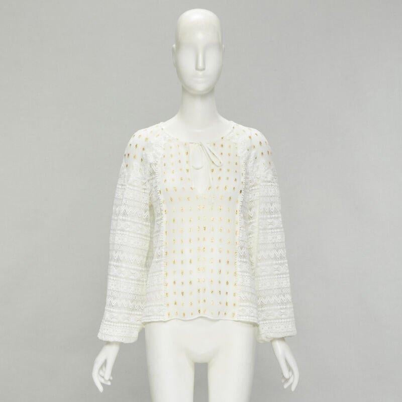 TEMPERLEY LONDON white sheer gold jacquard crochet lace bohemian top US4 S For Sale 5