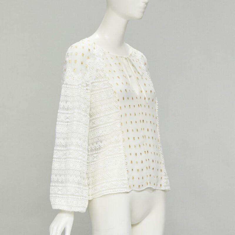 Gray TEMPERLEY LONDON white sheer gold jacquard crochet lace bohemian top US4 S For Sale