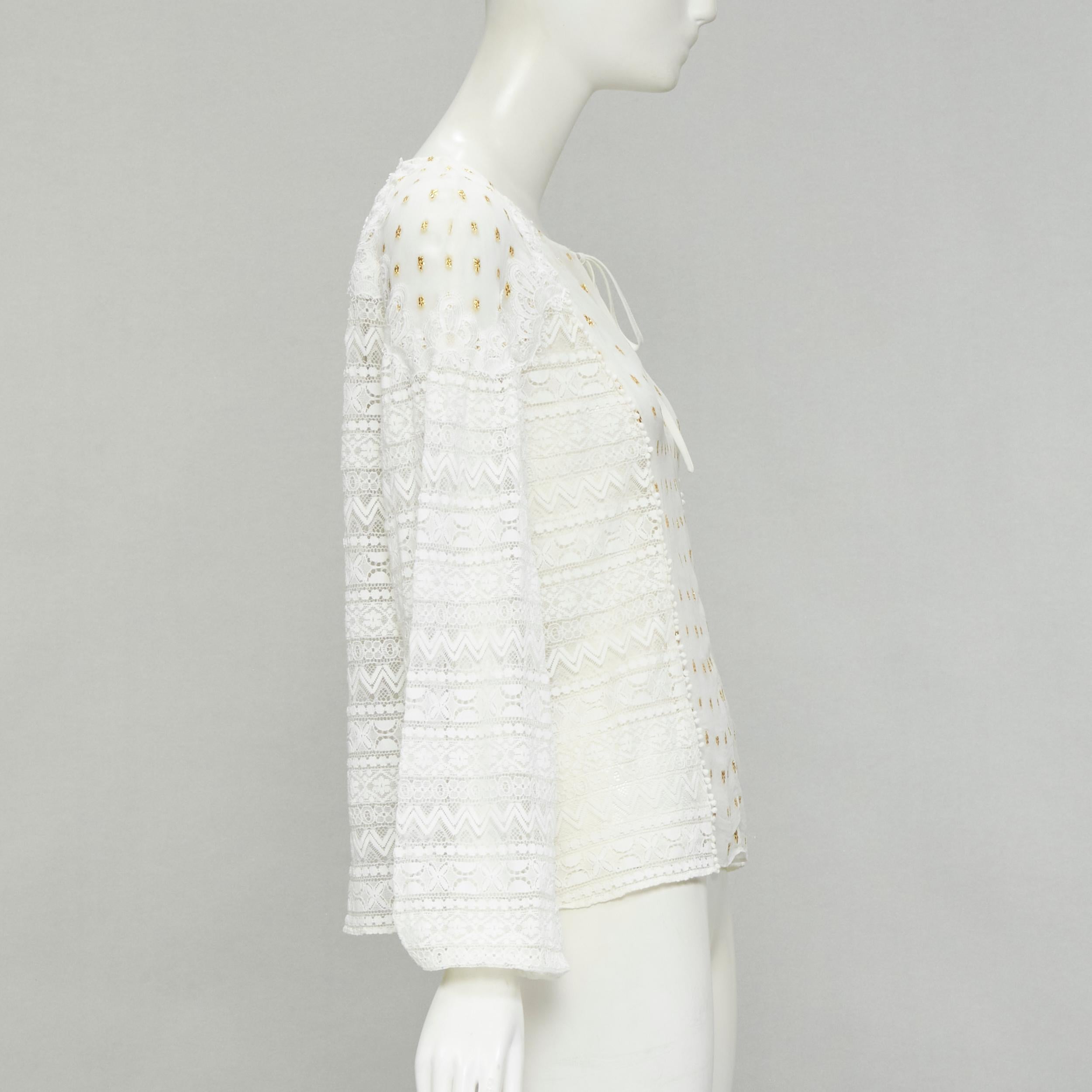 TEMPERLEY LONDON white sheer gold jacquard crochet lace bohemian top US4 S In Excellent Condition For Sale In Hong Kong, NT