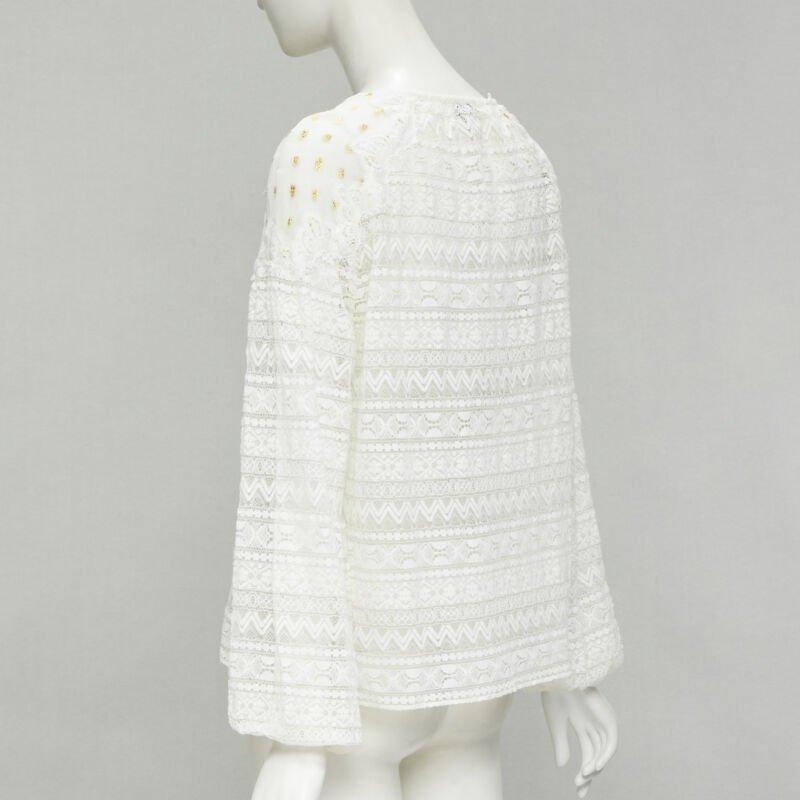 TEMPERLEY LONDON white sheer gold jacquard crochet lace bohemian top US4 S For Sale 1