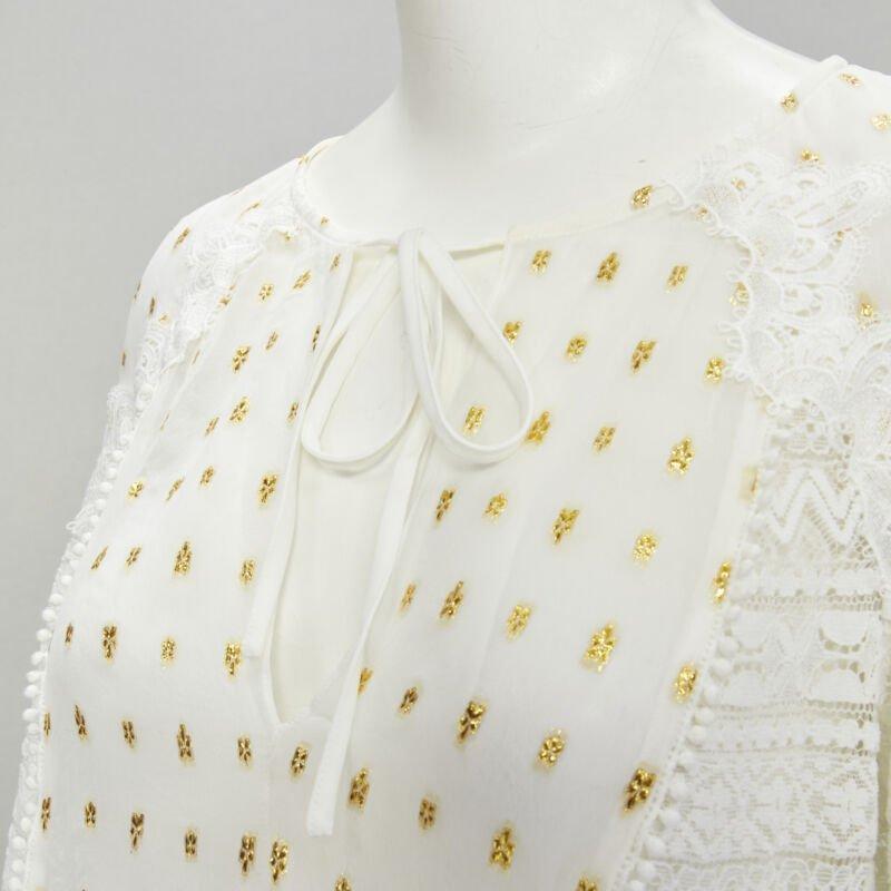 TEMPERLEY LONDON white sheer gold jacquard crochet lace bohemian top US4 S For Sale 2