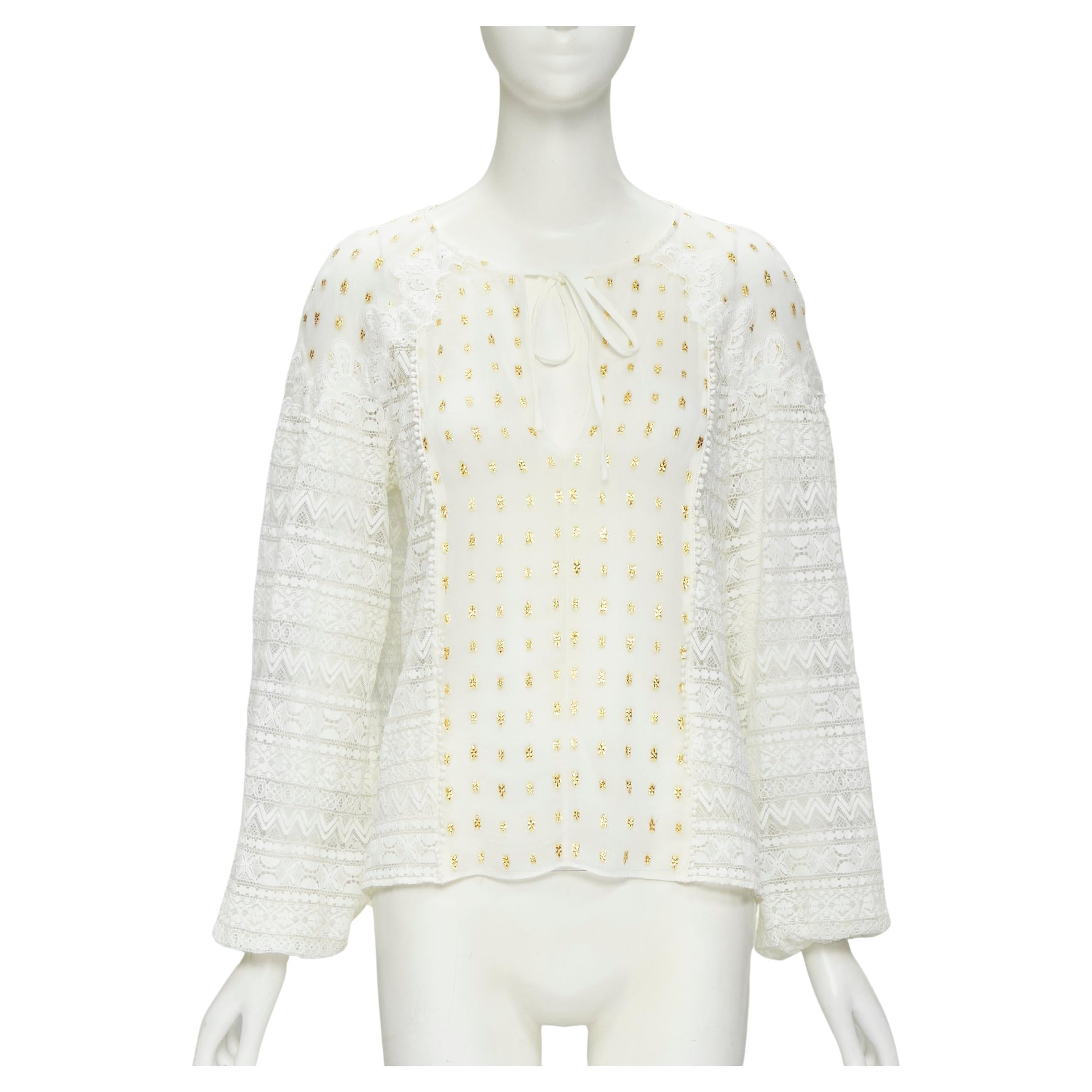 TEMPERLEY LONDON white sheer gold jacquard crochet lace bohemian top US4 S For Sale