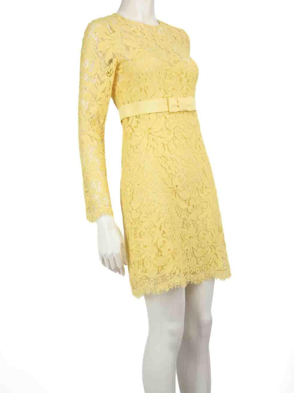 CONDITION is Very good. Hardly any visible wear to dress is evident on this used Temperley London designer resale item.
 
 
 
 Details
 
 
 Yellow
 
 Lace
 
 Dress
 
 Long sleeves
 
 Mini
 
 Round neck
 
 Bow waist accent
 
 Back cut put detail
 
