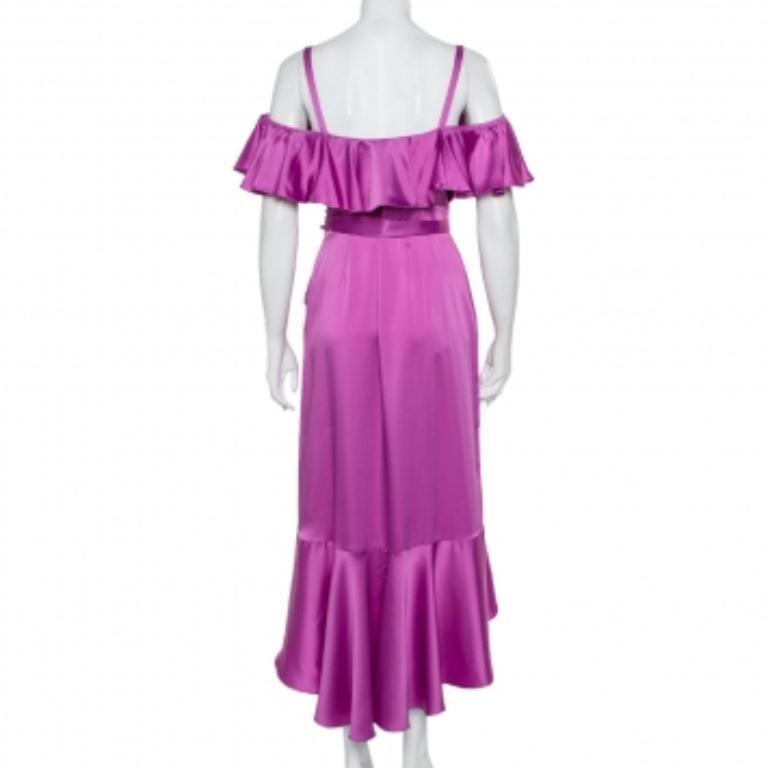 Temperley Purple Satin Ruffled Cold Shoulder Belted Faux Wrap Midi Dress M In Excellent Condition For Sale In Dubai, Al Qouz 2