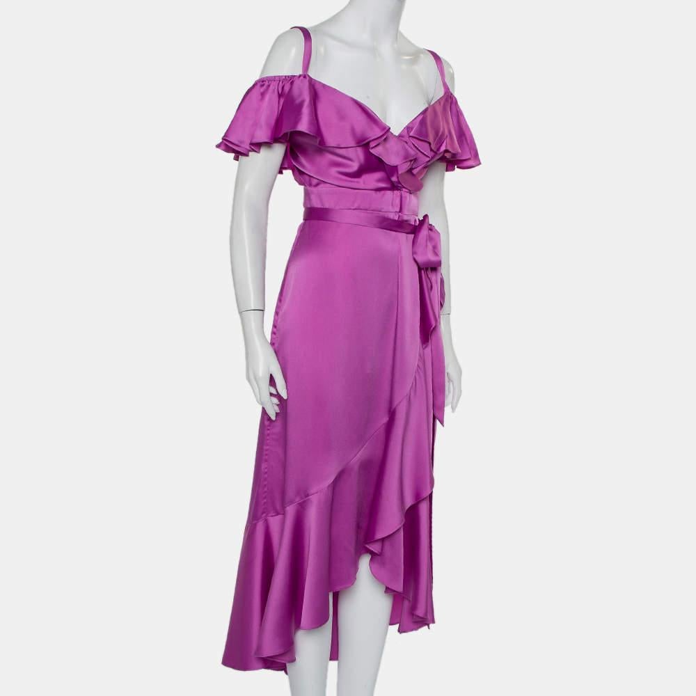 Temperley Purple Satin Ruffled Cold Shoulder Belted Faux Wrap Midi Dress M In Excellent Condition For Sale In Dubai, Al Qouz 2