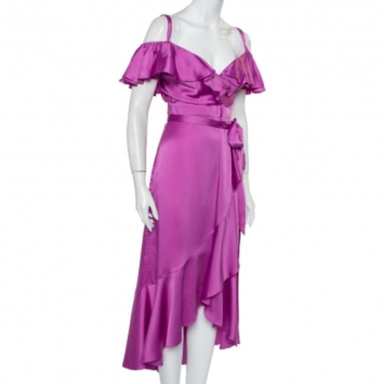 Temperley Purple Satin Ruffled Cold Shoulder Belted Faux Wrap Midi Dress M For Sale 1