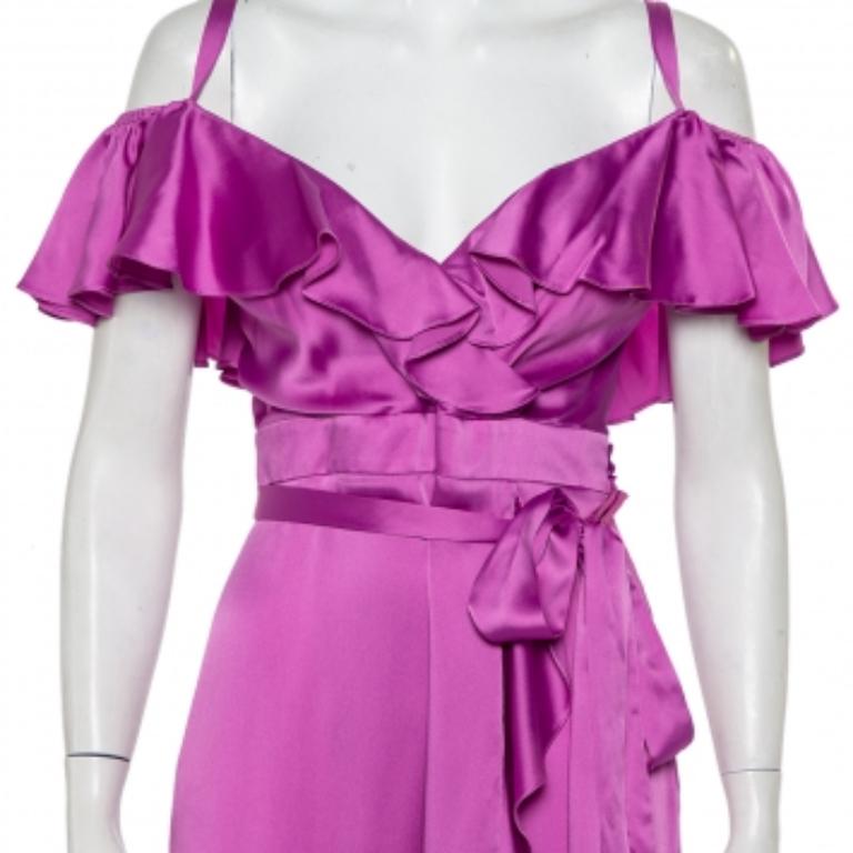 Temperley Purple Satin Ruffled Cold Shoulder Belted Faux Wrap Midi Dress M For Sale 2