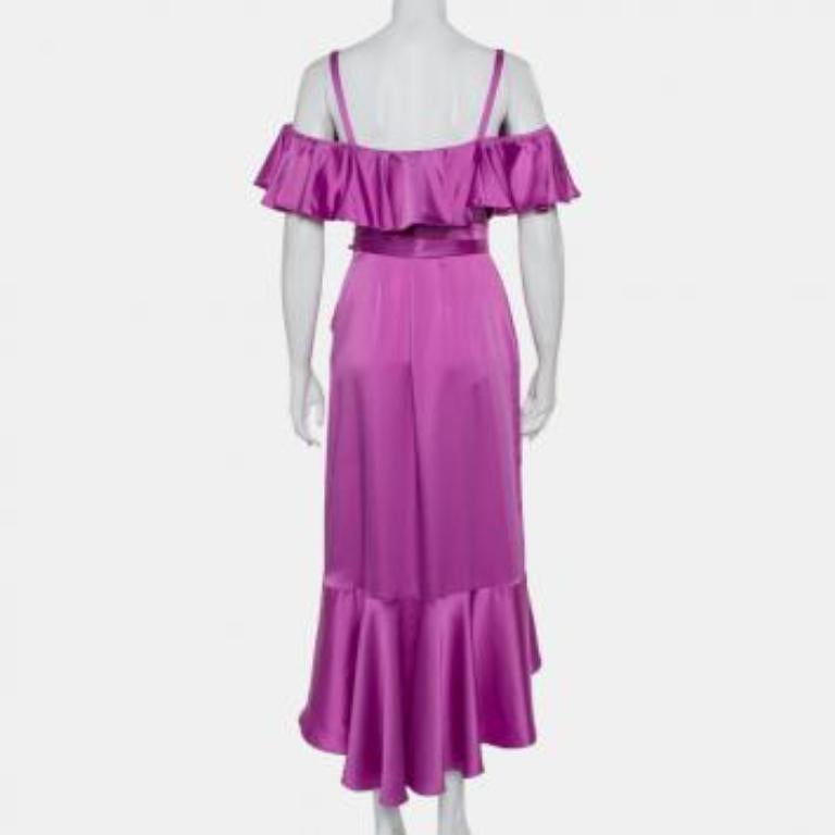 Temperley Purple Satin Ruffled Cold Shoulder Belted Faux Wrap Midi Dress M For Sale 3