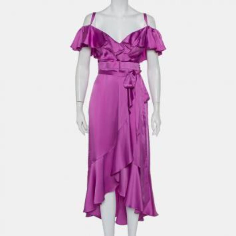 Temperley Purple Satin Ruffled Cold Shoulder Belted Faux Wrap Midi Dress M For Sale 4