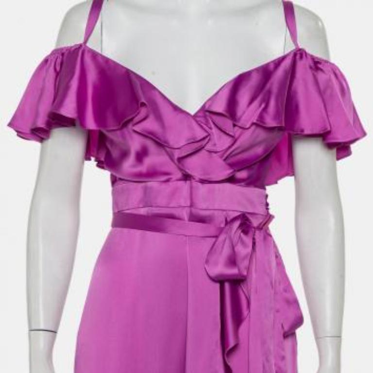 Temperley Purple Satin Ruffled Cold Shoulder Belted Faux Wrap Midi Dress M For Sale 5