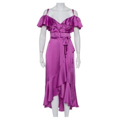 Temperley Purple Satin Ruffled Cold Shoulder Belted Faux Wrap Midi Dress M