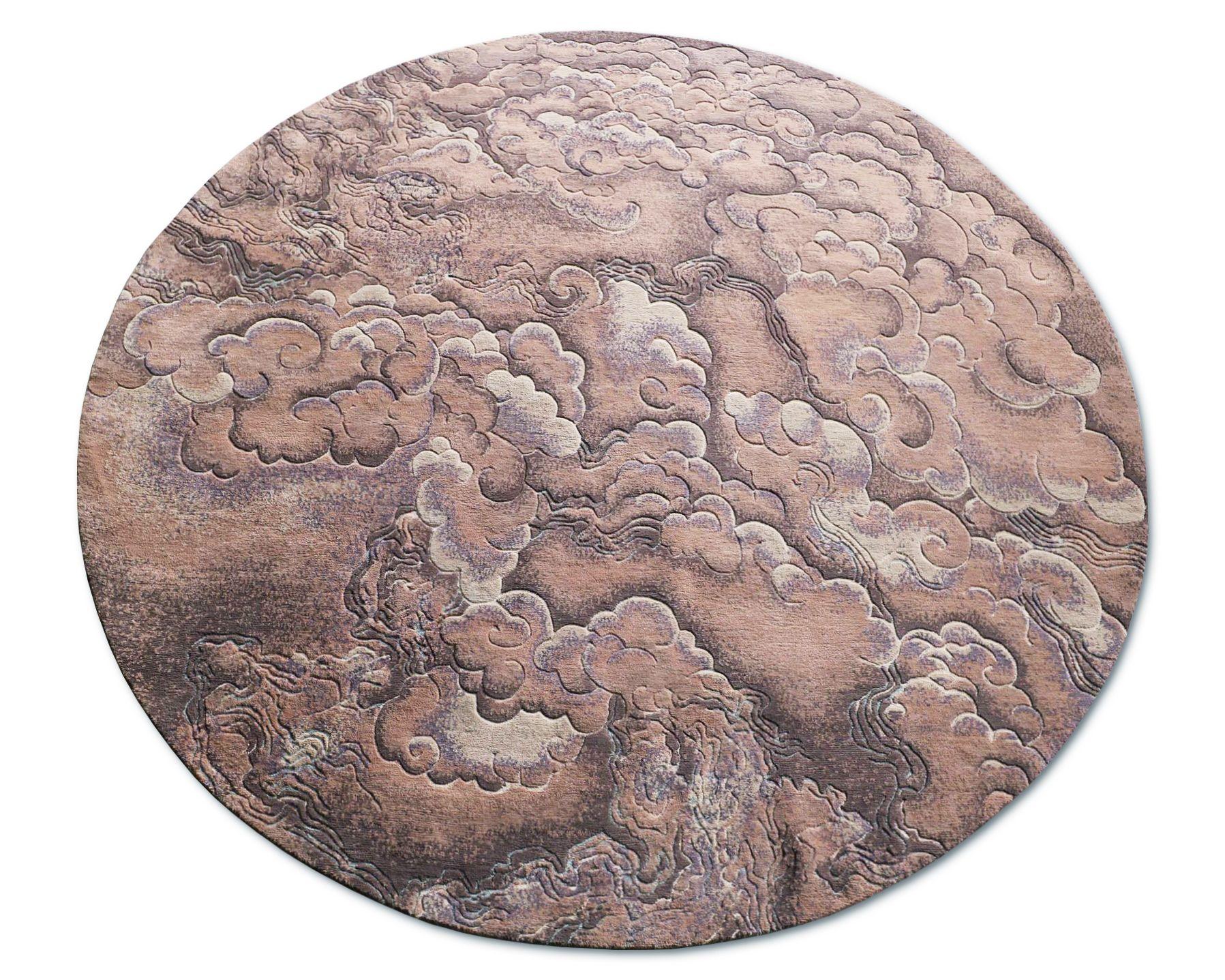 Hand-Knotted Round Chinoiserie Rug Modern Hand Knotted Wool Silk - Tempest Bronze For Sale