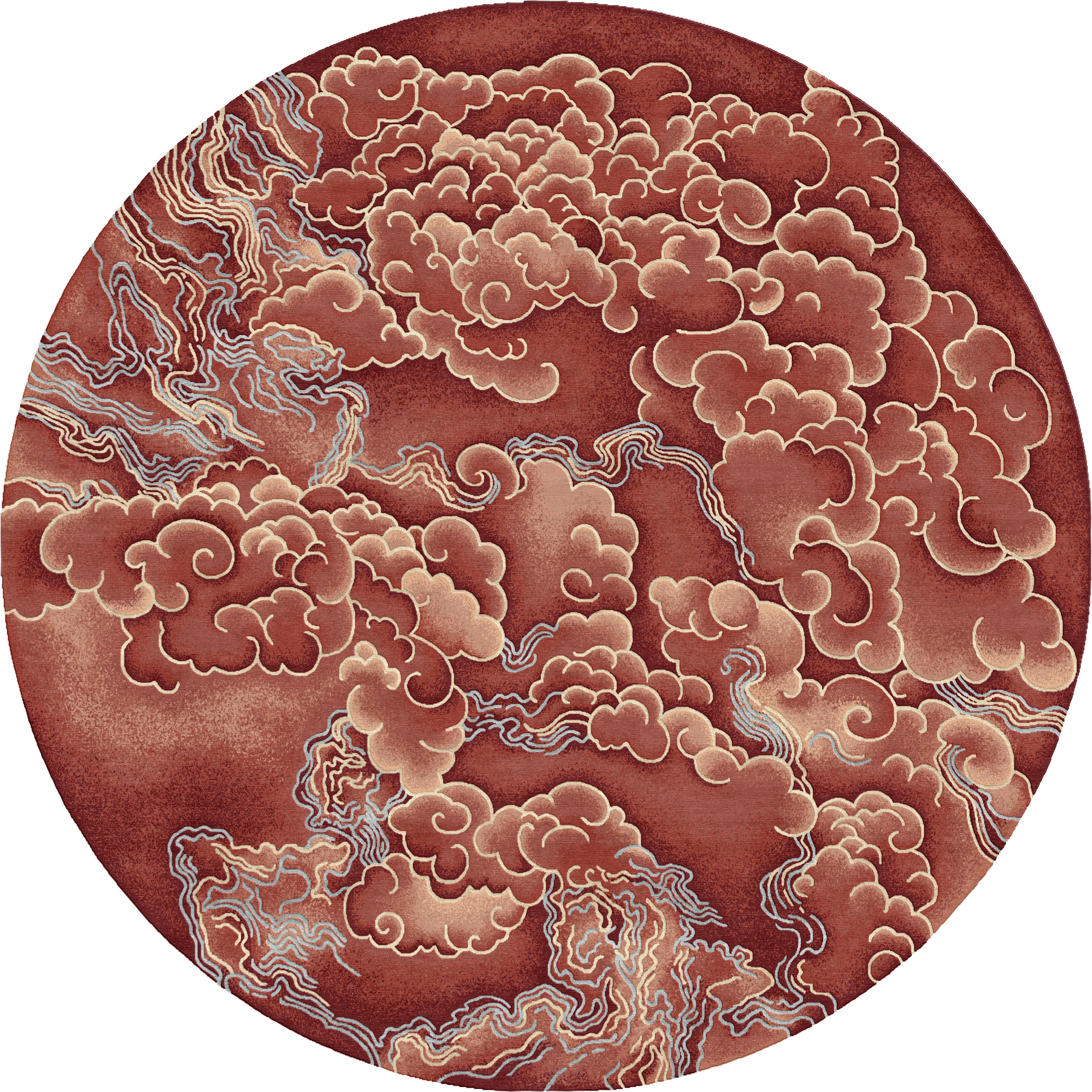 Round Chinoiserie Rug Modern Hand Knotted Wool Silk  - Tempest Flame For Sale