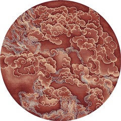Round Chinoiserie Rug Modern Hand Knotted Wool Silk  - Tempest Flame