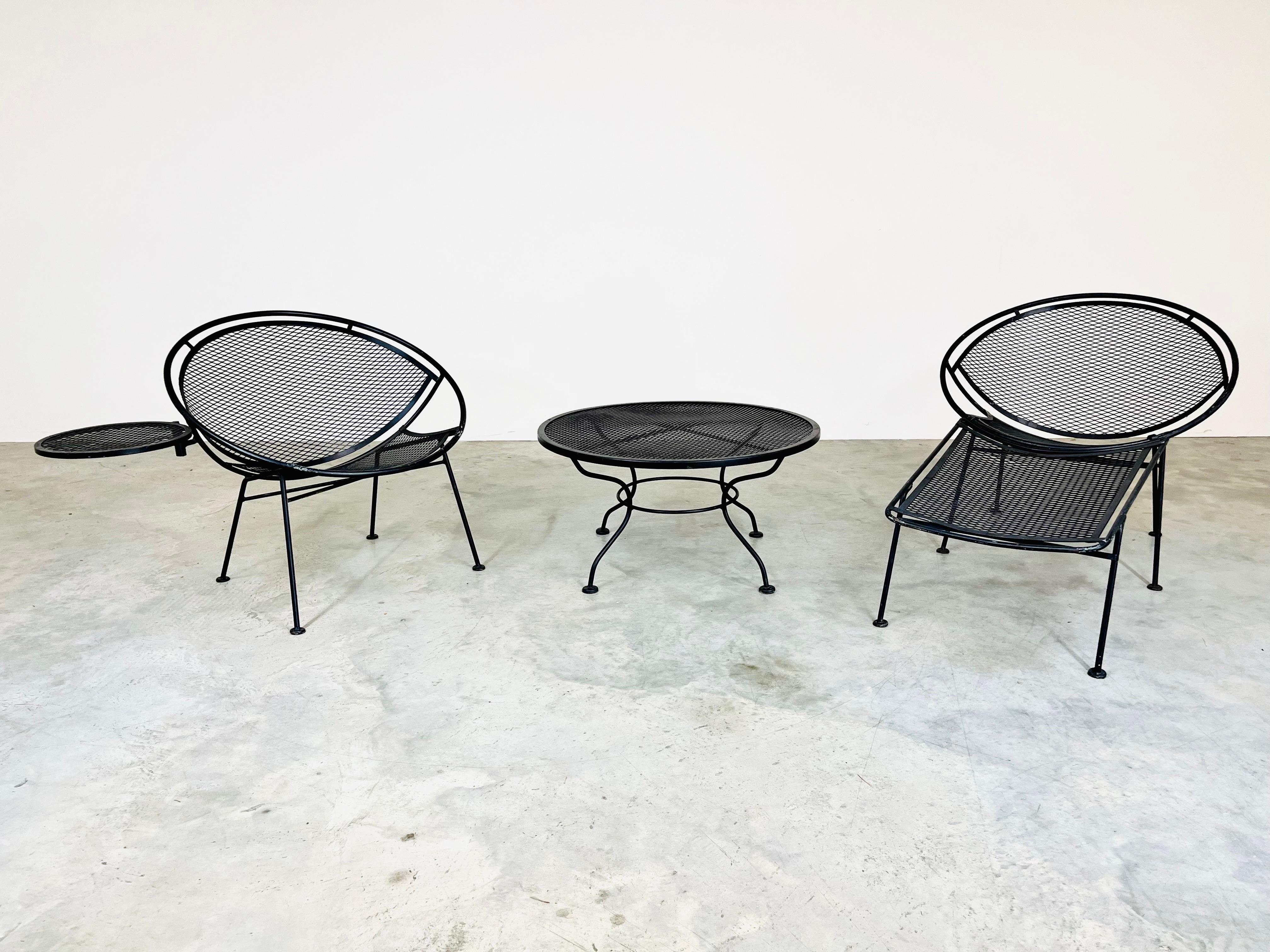 Maurizio Tempestini for Salterini Radar chaise lounge, lounge chair with attached side table and cocktail table 3 piece suite.
 Be ready for spring and summer with this stunning 1950s patio set. Comfort meets style with this legendary design