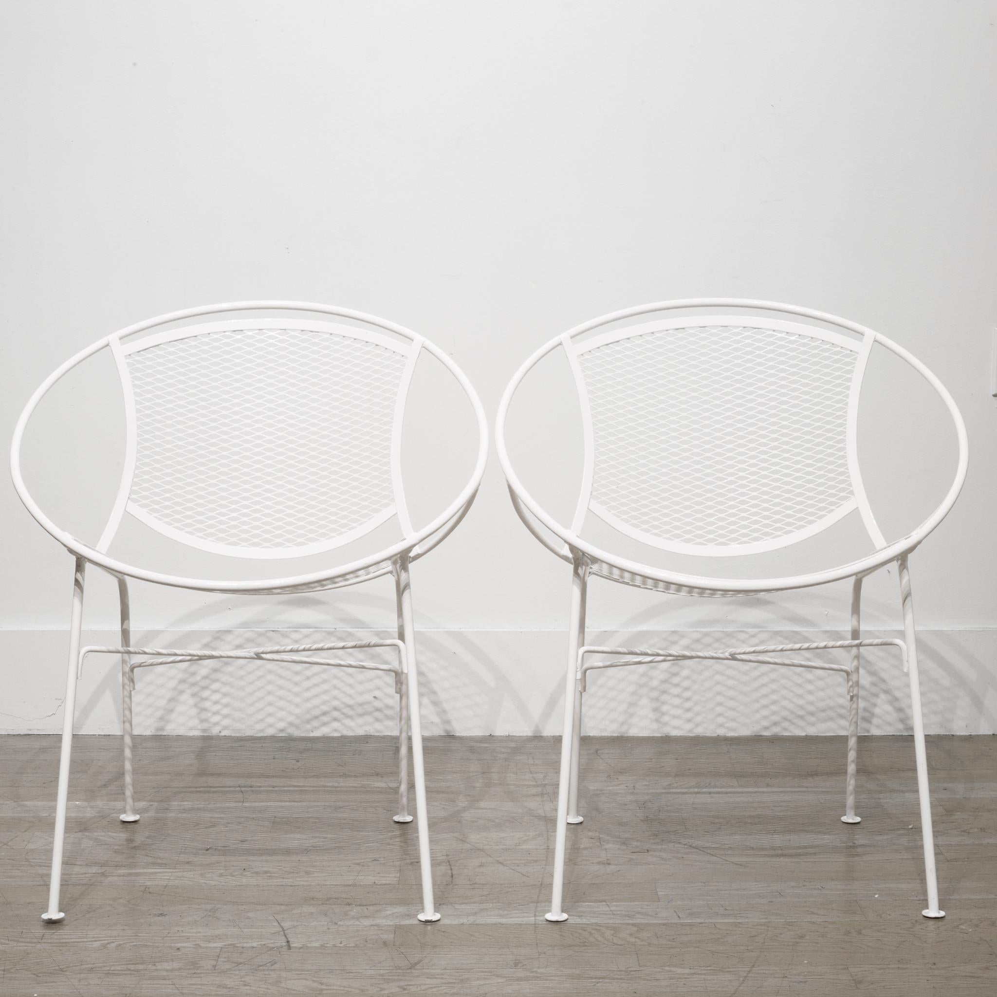 About

Price is for the pair.

A pair of white powder coated wrought iron patio chair with mesh bodies. Possibly restored several years ago.

Creator: Maurizio Tempestini for John Salterini.
Date of manufacture: circa 1960-1969.
Materials