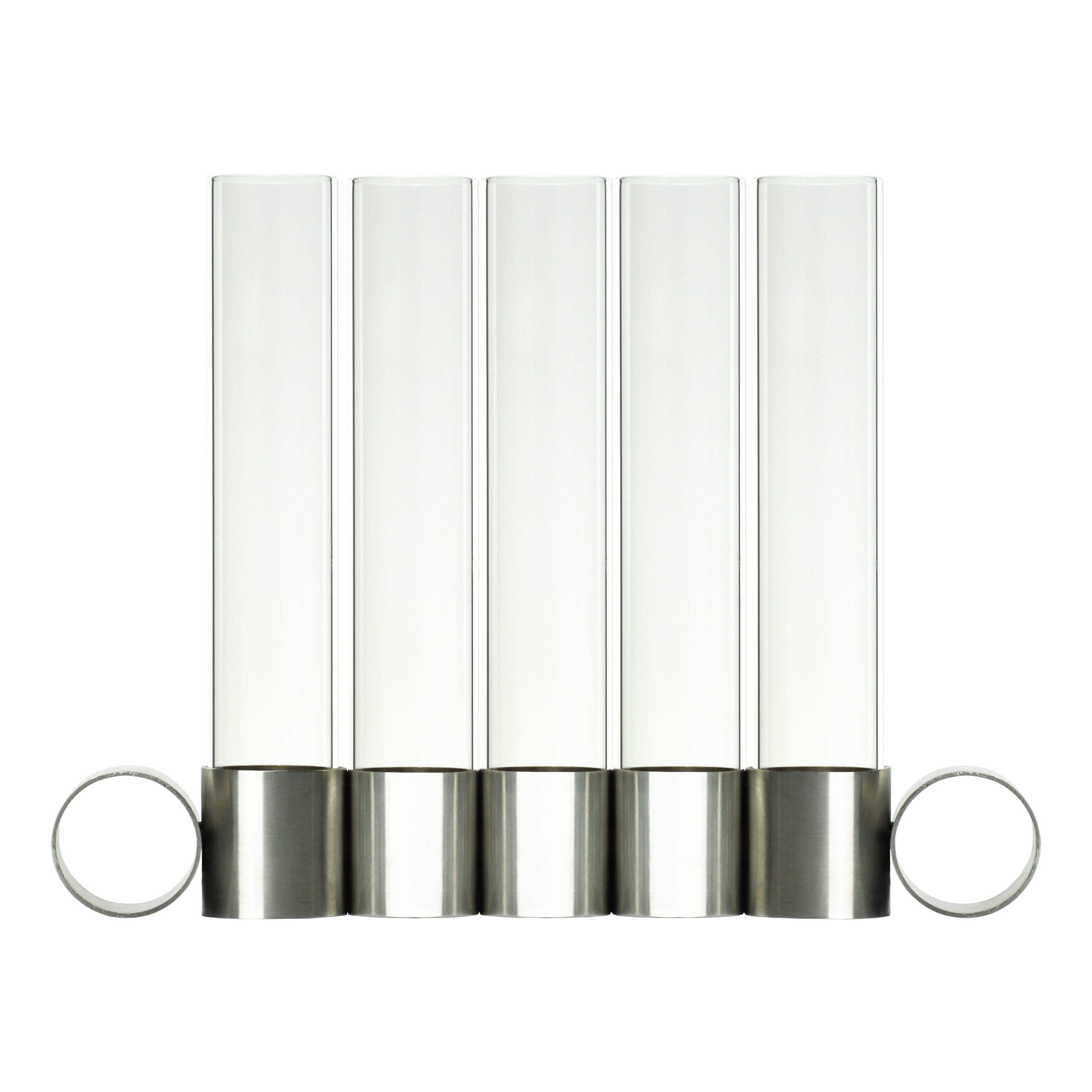 Tempio del Tempo 5 Candleholder by Coki Barbieri
Dimensions: W 28 x D 4 x H 20 cm.
Materials: stainless steel (made in Italy), borosilicate glass (made in Italy), soy wax or olive oil wax candle and TPE rubber.

FEATURES
11 divided