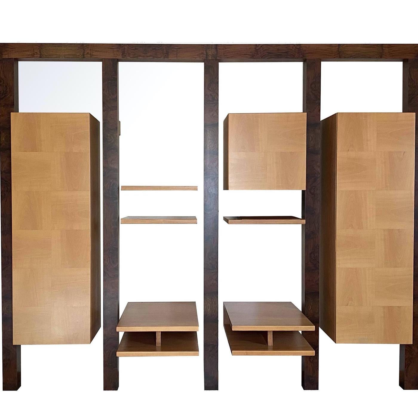 This multi-purpose storage unit by Ferdinando Meccani boasts a walnut briar frame. The design features two large cupboards, one small cupboard, and a selection of shelves, all crafted from solid pear wood. The doors are distinguished by a stylish