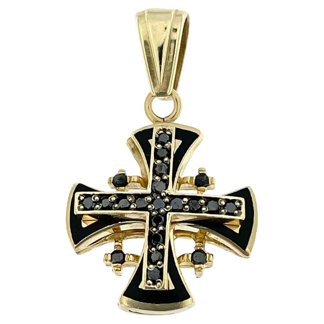 Templar Cross 14 karat Yellow Gold with Black Diamonds and Enamel