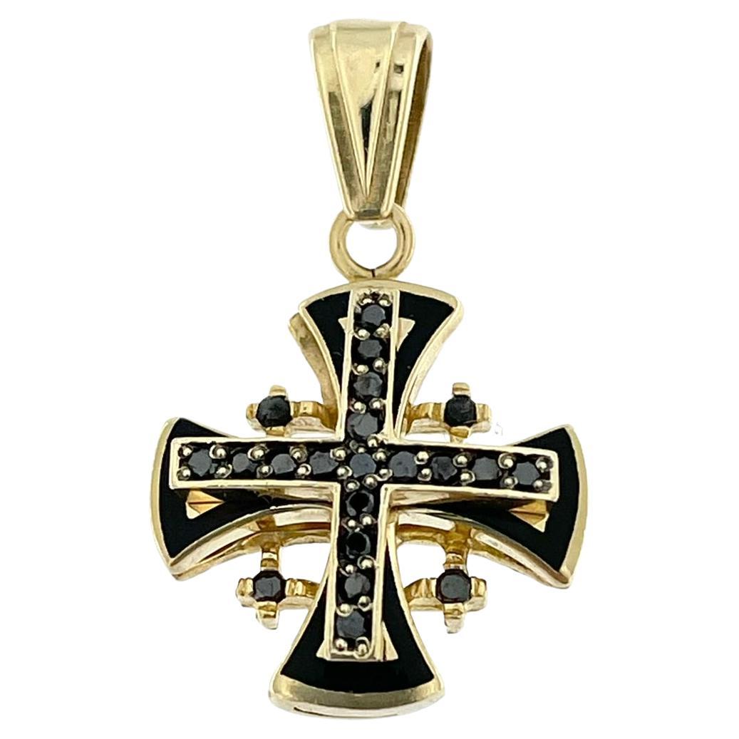Templar Cross 14 Karat Gelbgold mit schwarzen Diamanten und Emaille