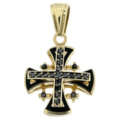 Vintage Templar Cross 14 karat Yellow Gold with Black Diamonds and Enamel