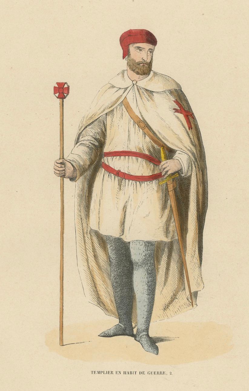 Paper Templar in War Attire with Staff, Costume Di Moyen Age, 1847 For Sale