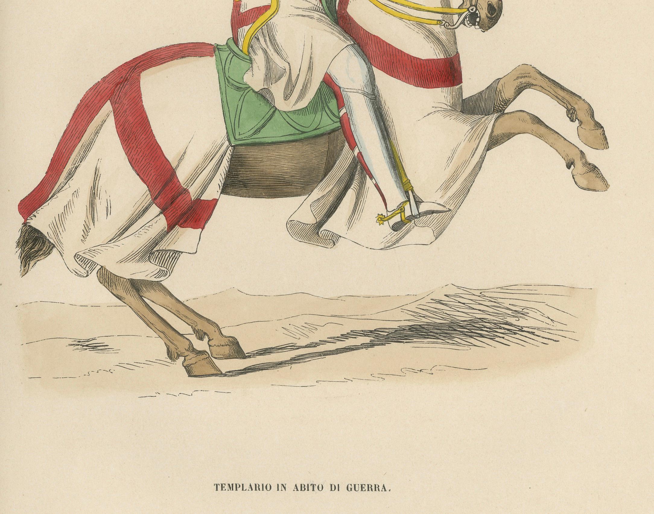 This original handcolored lithograph depicts a Templar knight in full war attire, mounted on a galloping horse. The knight is armored, carrying a sword raised high, likely in a charge or battle cry pose. The horse is caparisoned with a cloth that